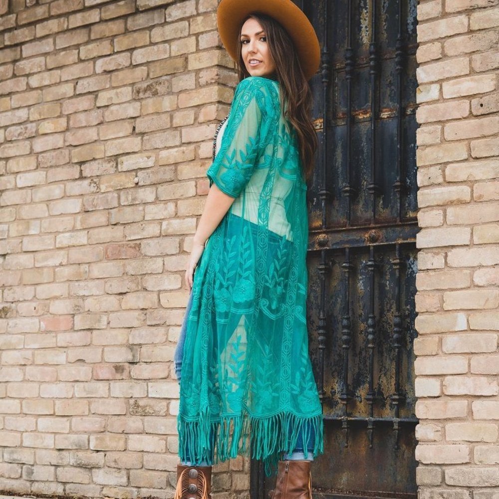 Jade Lace Kimono with Fringe - Picture 4 of 5